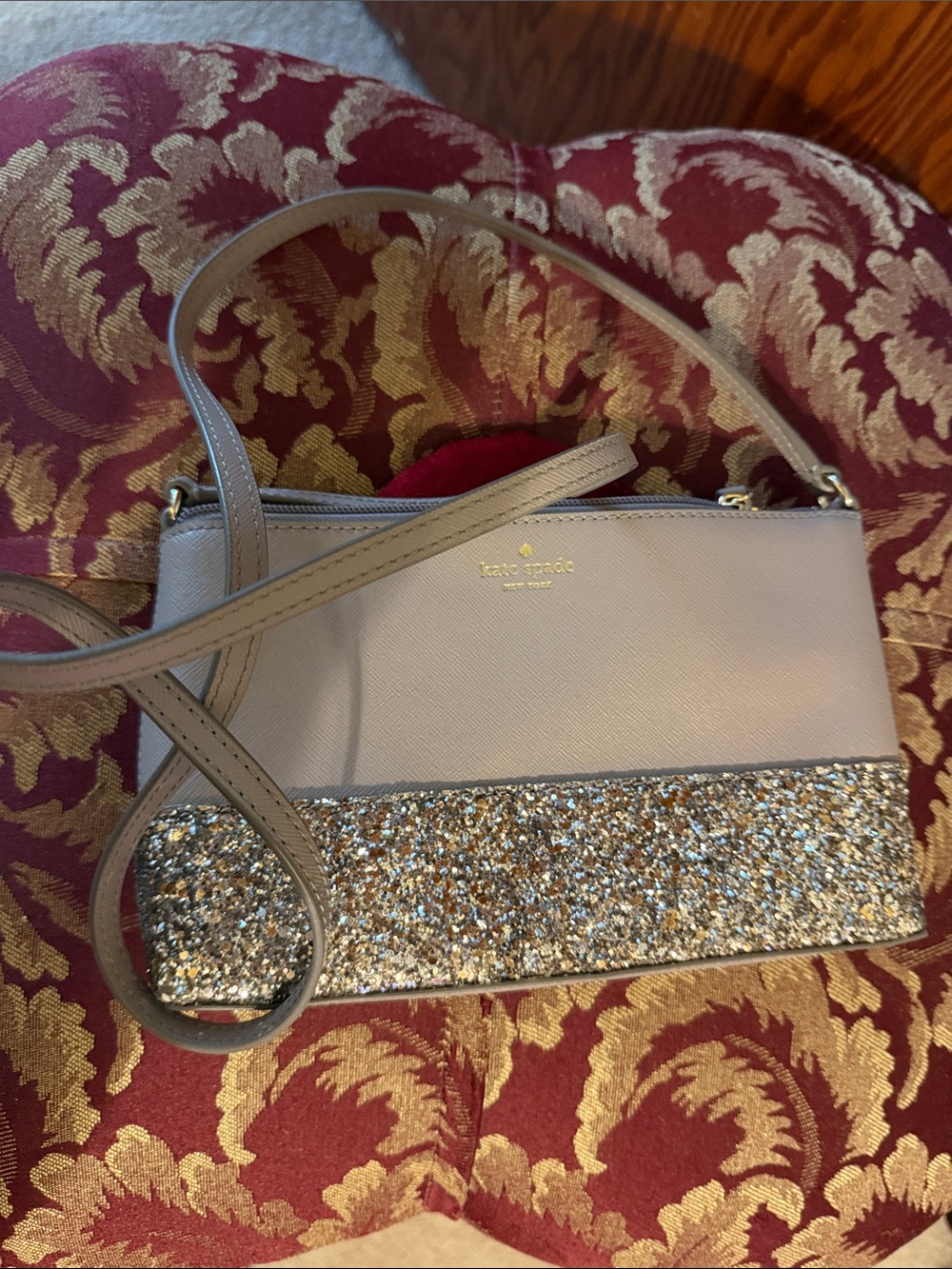 kate spade Taupe Crossbody with Gold Glitter Trim